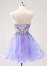 Ezmeralda | Sparkle Purple Homecoming Dress | Floral A - Line Elegance Dazzle - Light Purple Floral - PromDressClub